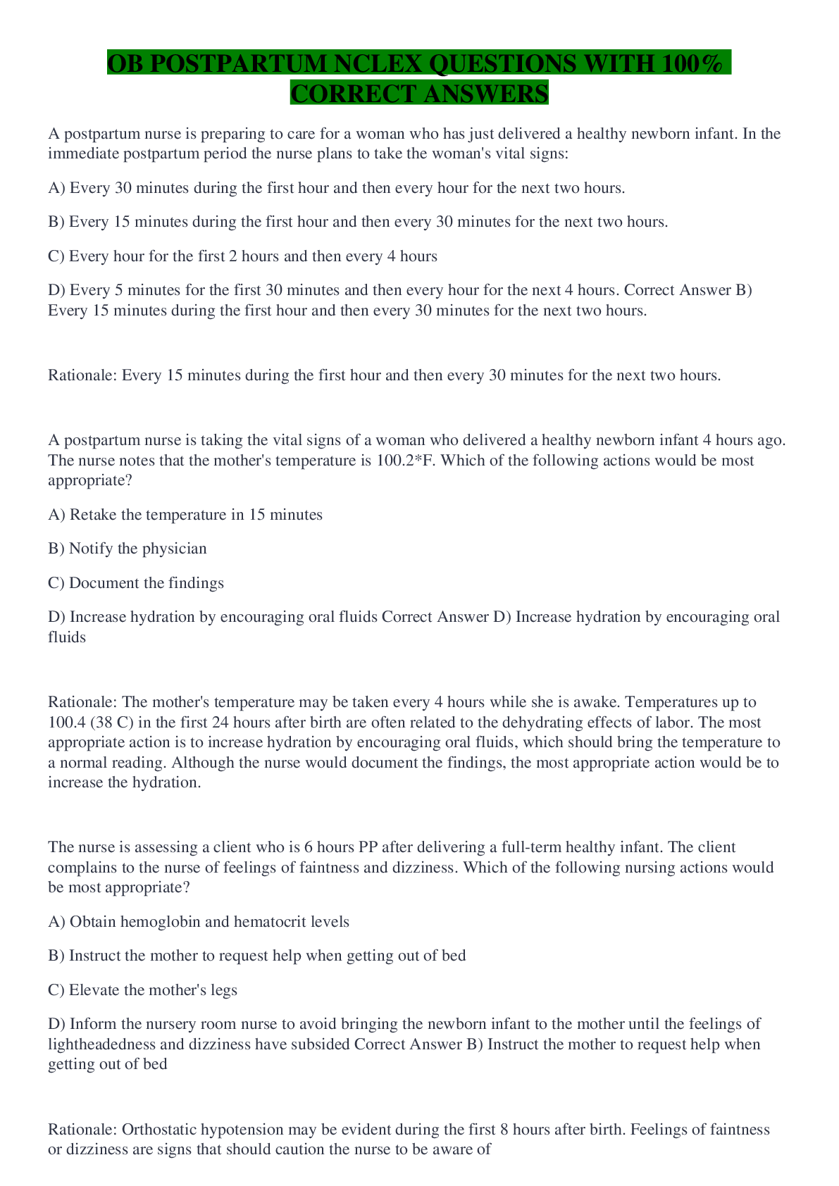 Preview image for OB POSTPARTUM NCLEX QUESTIONS WITH 100% CORRECT ANSWERS